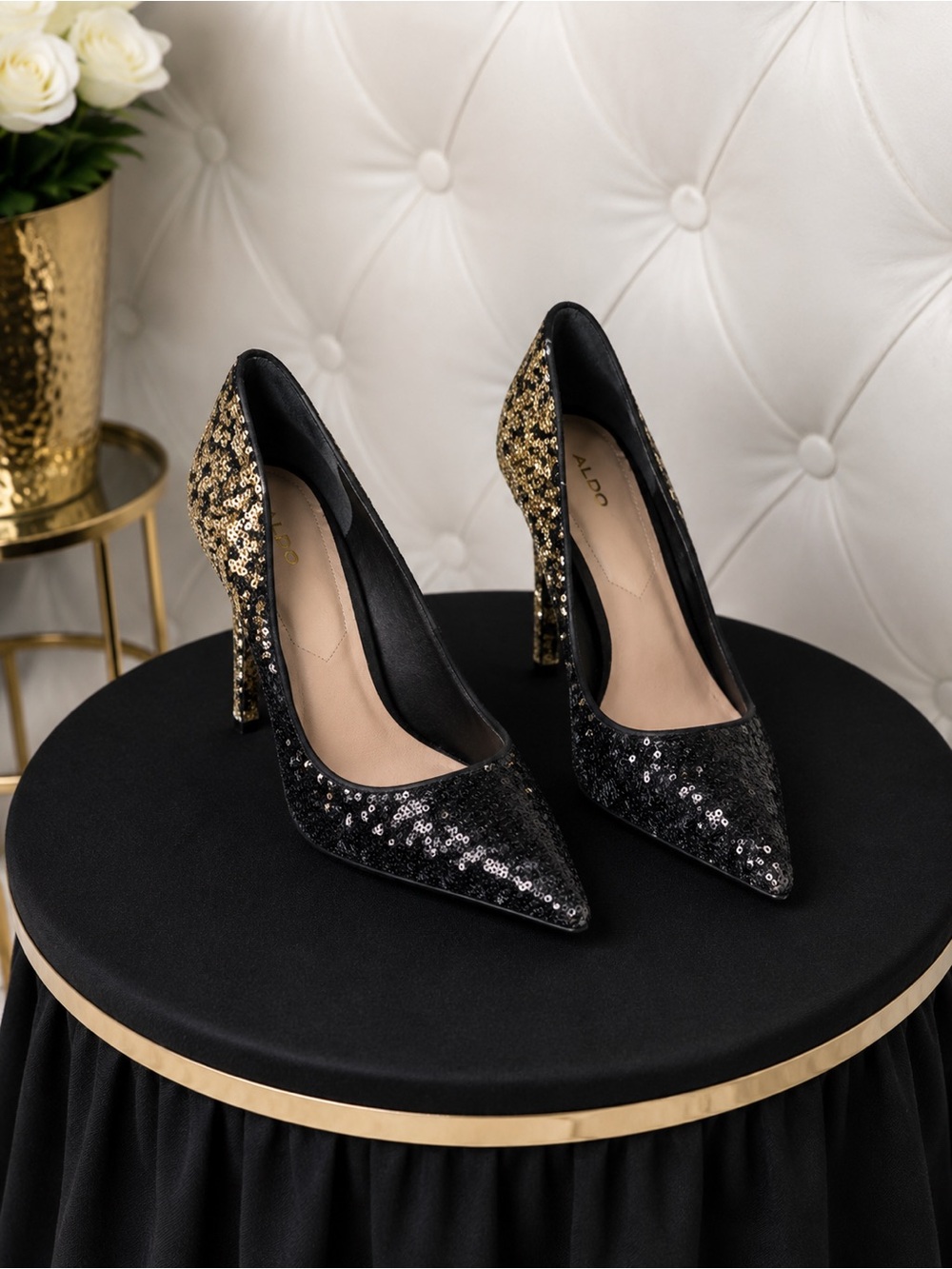 Aldo Black and Gold Sequin Pointed High Heels